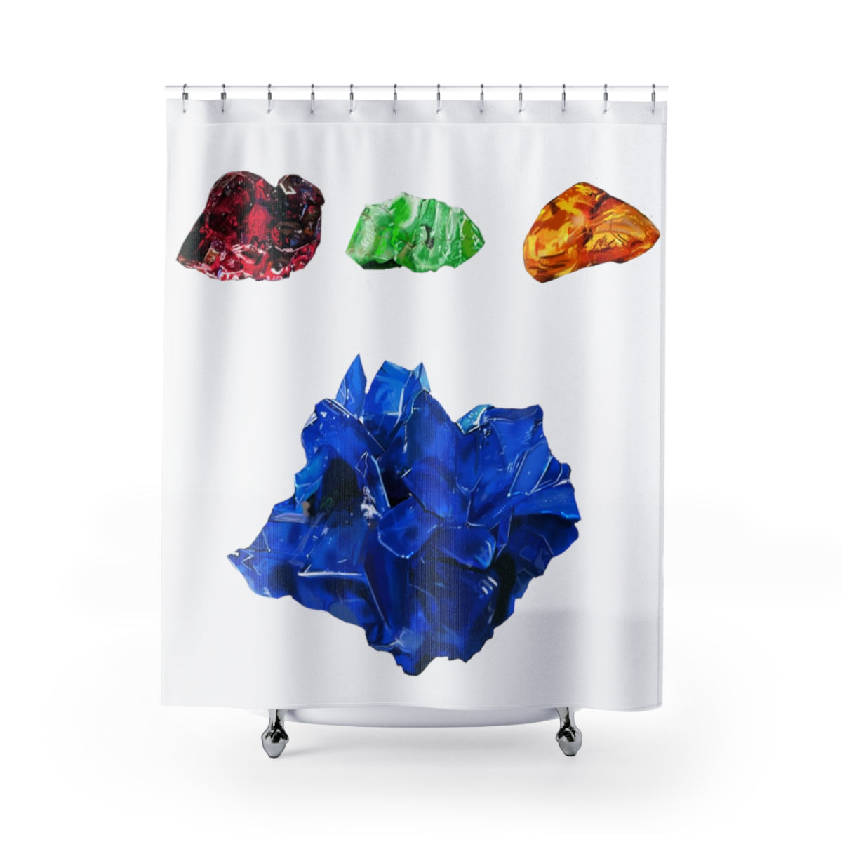 A vibrant Minerals Shower Curtain made of durable polyester, showcasing unique artistic designs, perfect for enhancing bathroom decor.