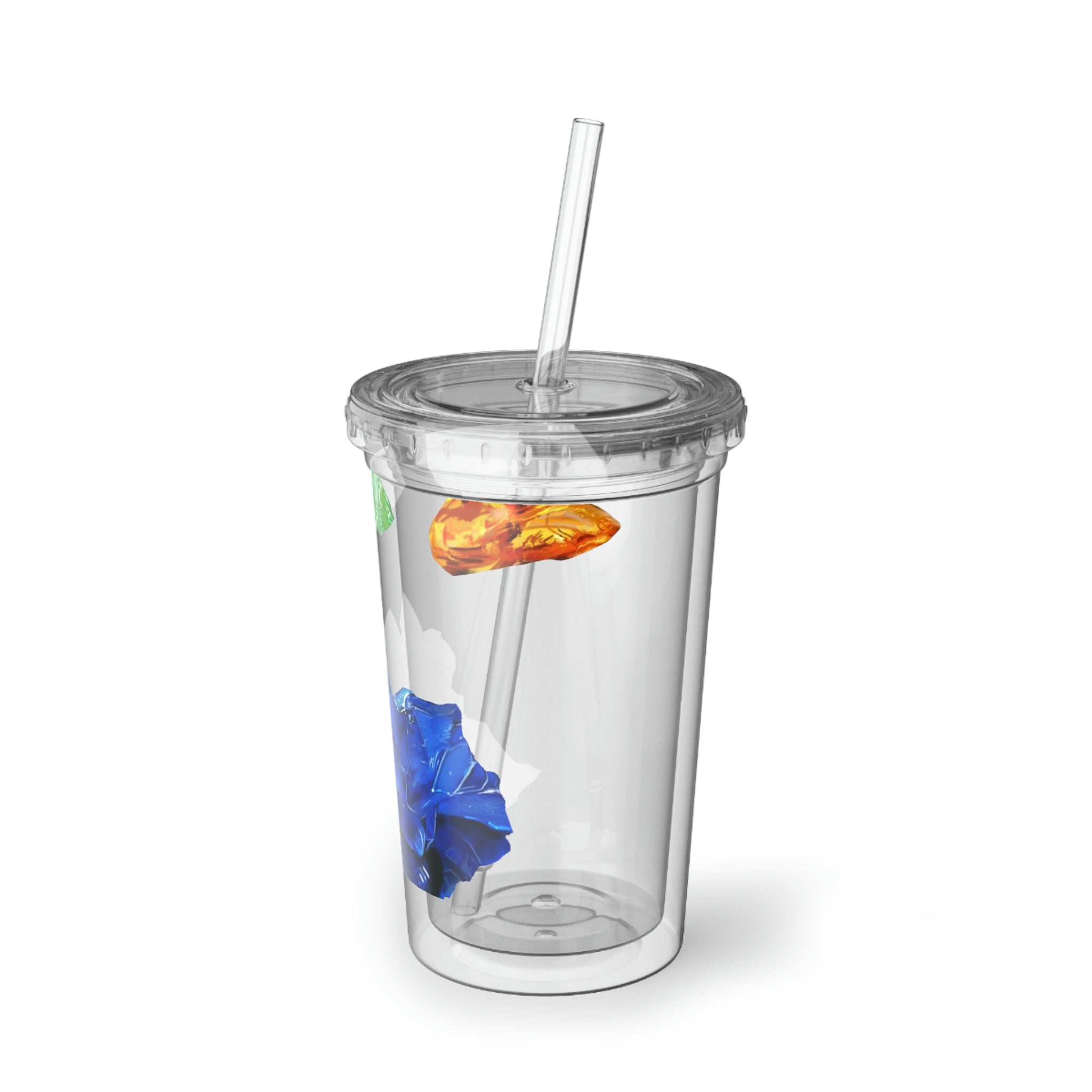 Minerals Suave Acrylic Cup with double-wall insulation, featuring a plastic lid and straw, ideal for hot and cold beverages.