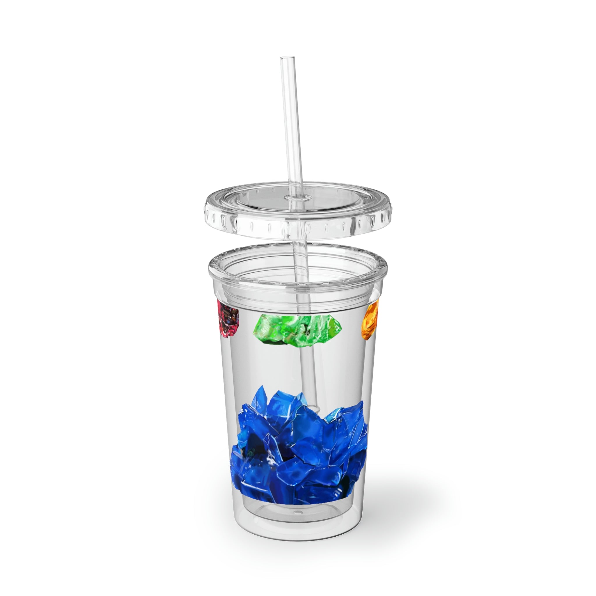 Minerals Suave Acrylic Cup with double-wall insulation, featuring a plastic lid and straw, ideal for hot and cold beverages.