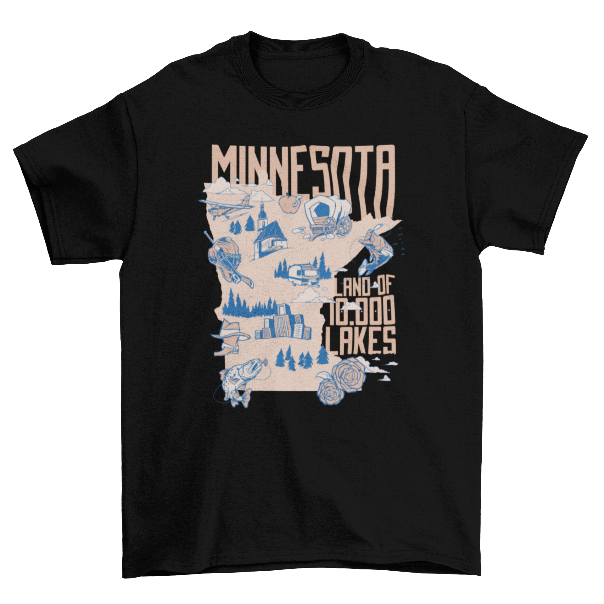 A stylish Minnesota lakes t-shirt featuring a vibrant design showcasing the state's beautiful lakes.