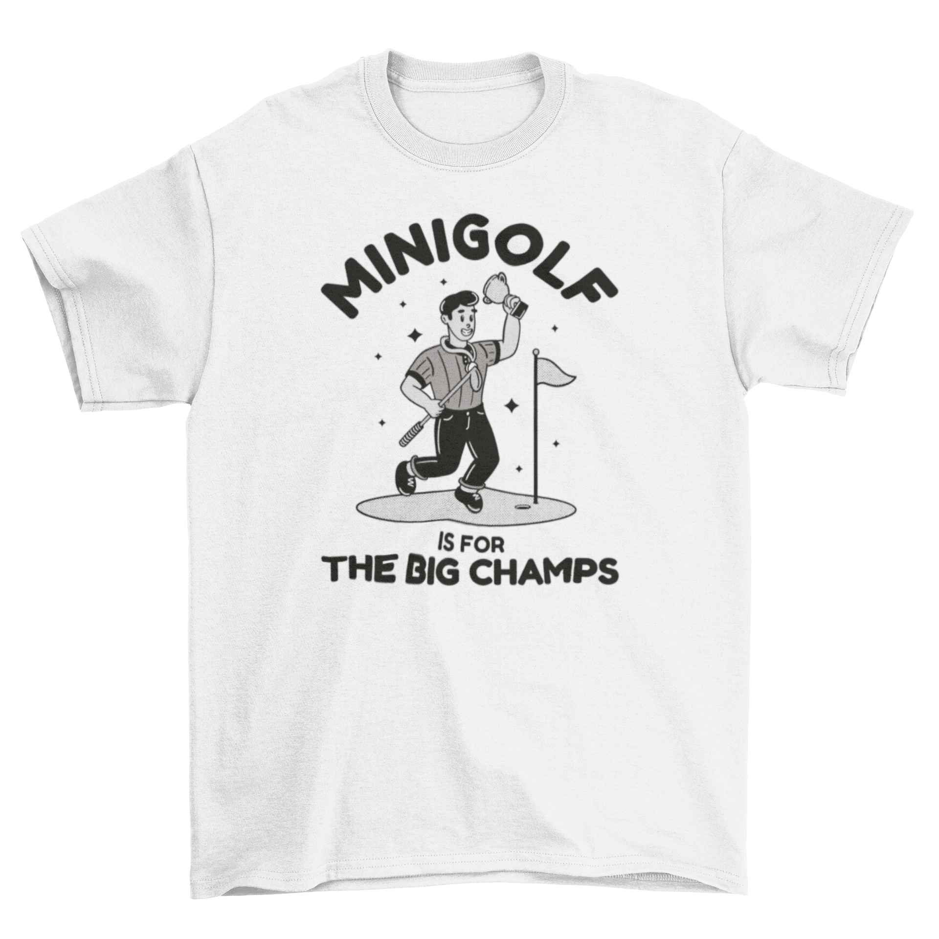 A colorful t-shirt featuring a retro cartoon golfer and the quote 'Mini golf is for big champs'.