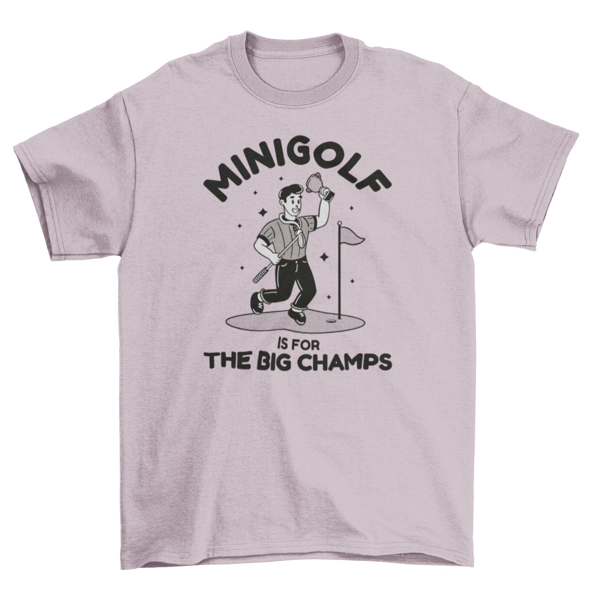 A colorful t-shirt featuring a retro cartoon golfer and the quote 'Mini golf is for big champs'.