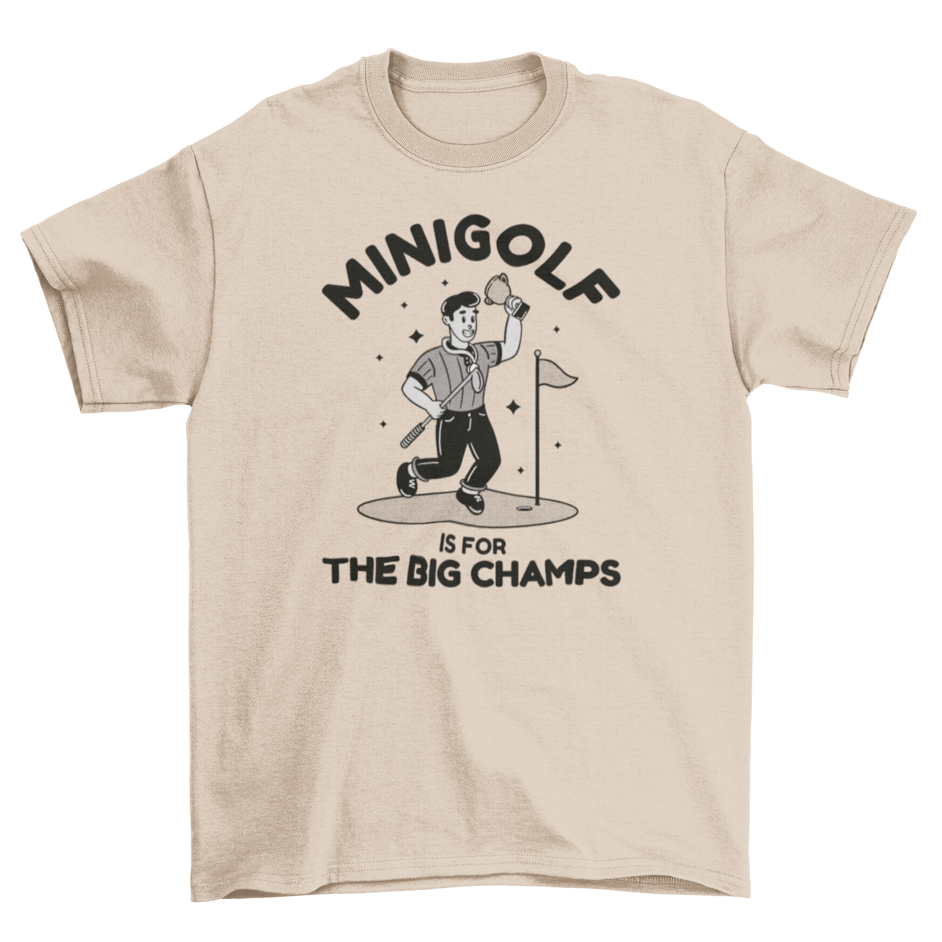 A colorful t-shirt featuring a retro cartoon golfer and the quote 'Mini golf is for big champs'.