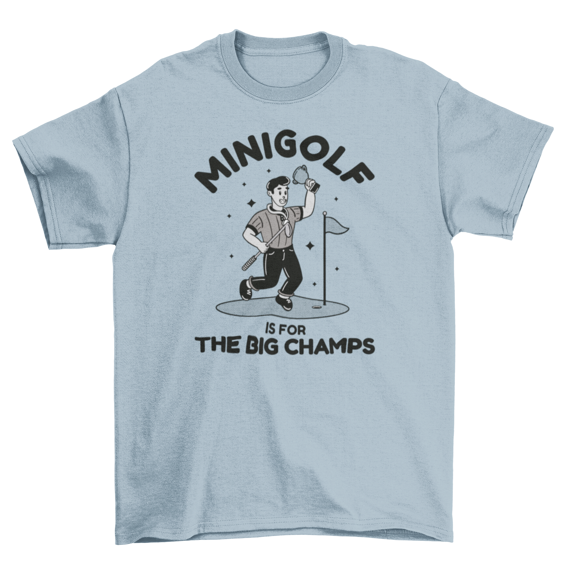 A colorful t-shirt featuring a retro cartoon golfer and the quote 'Mini golf is for big champs'.