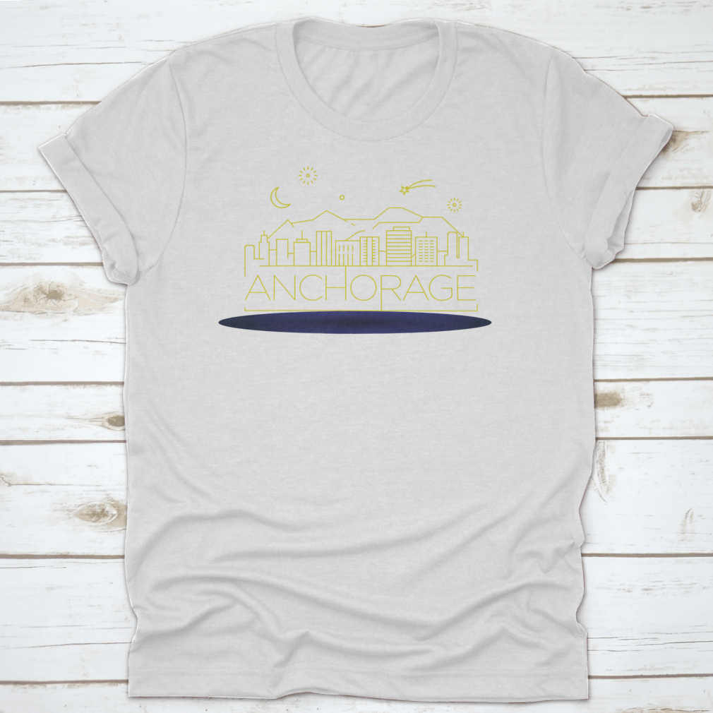 Minimal Anchorage Linear City Skyline shirt featuring a typographic design, made from soft cotton fabric.