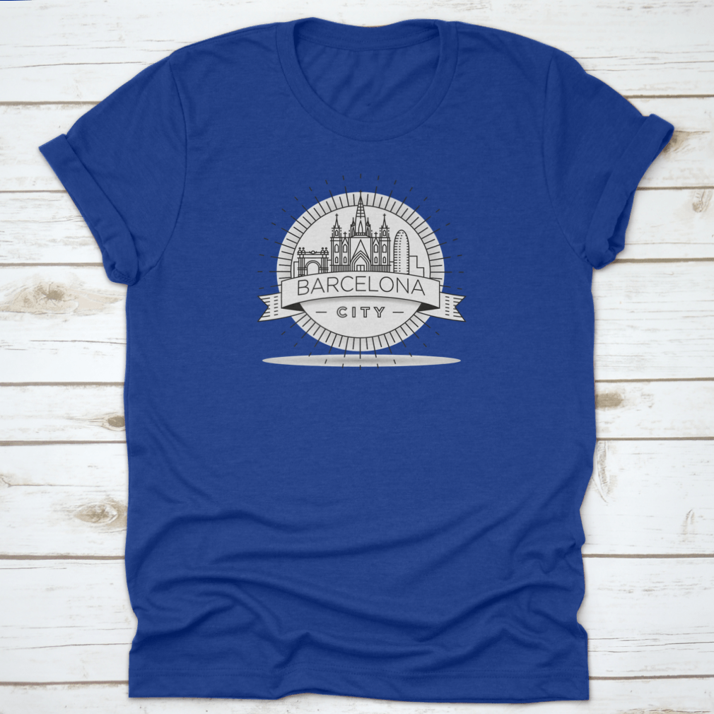 Minimal Barcelona City Linear Skyline T-shirt featuring a stylish skyline design on a comfortable cotton fabric.