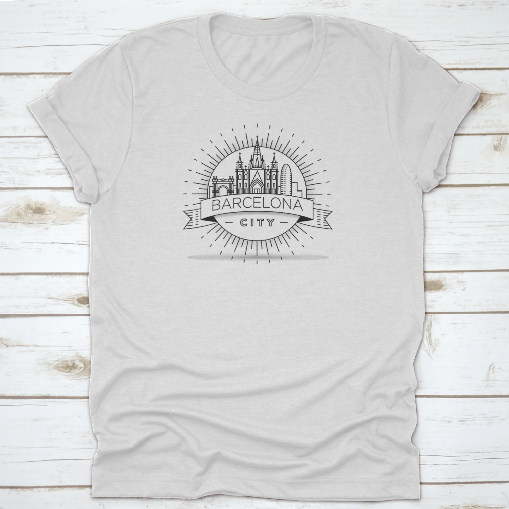 Minimal Barcelona City Linear Skyline T-shirt featuring a stylish skyline design on a comfortable cotton fabric.