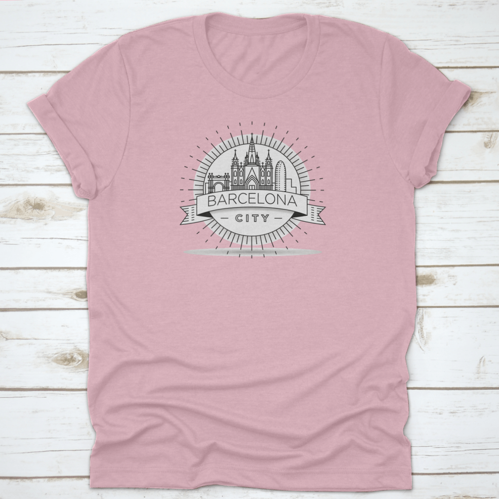 Minimal Barcelona City Linear Skyline T-shirt featuring a stylish skyline design on a comfortable cotton fabric.