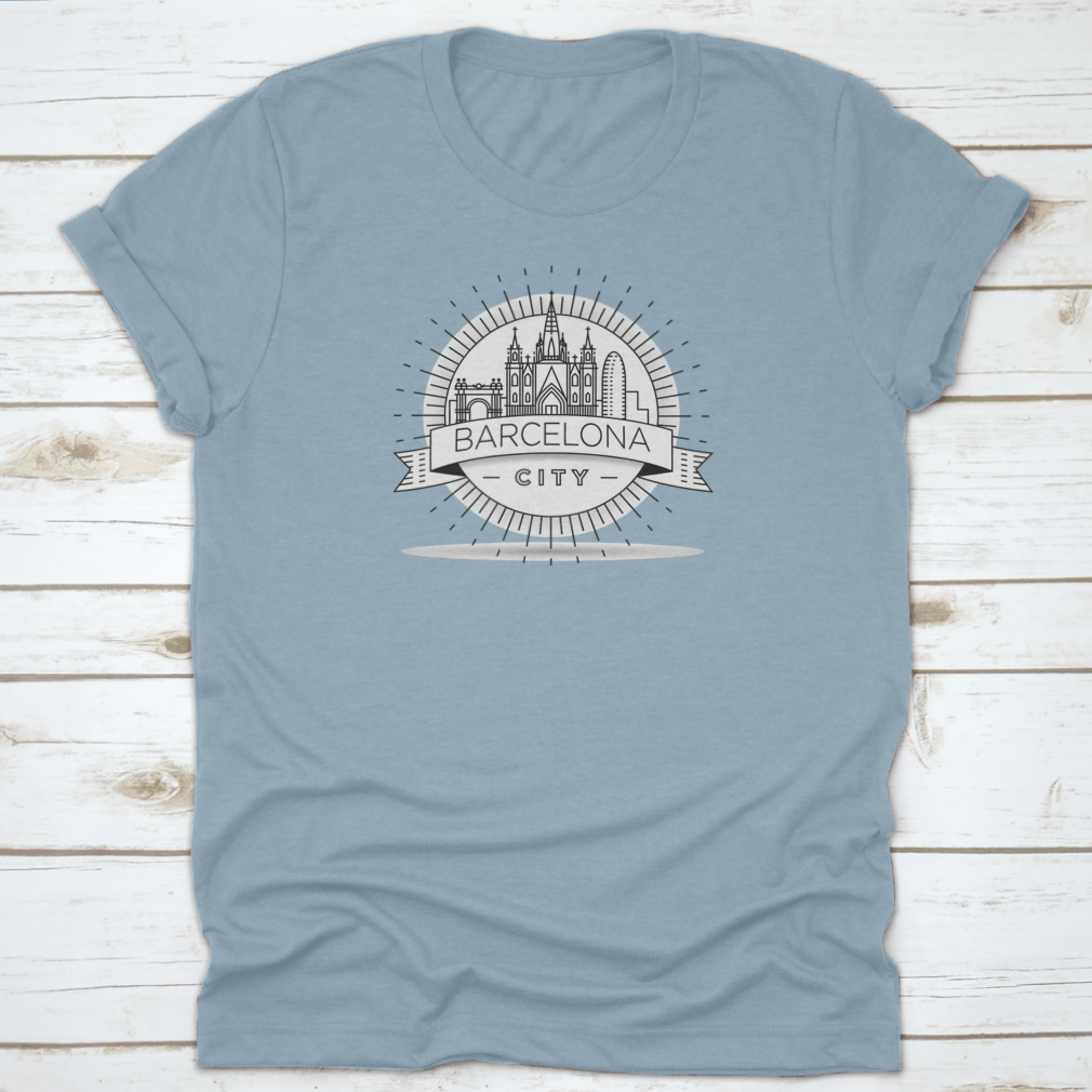 Minimal Barcelona City Linear Skyline T-shirt featuring a stylish skyline design on a comfortable cotton fabric.