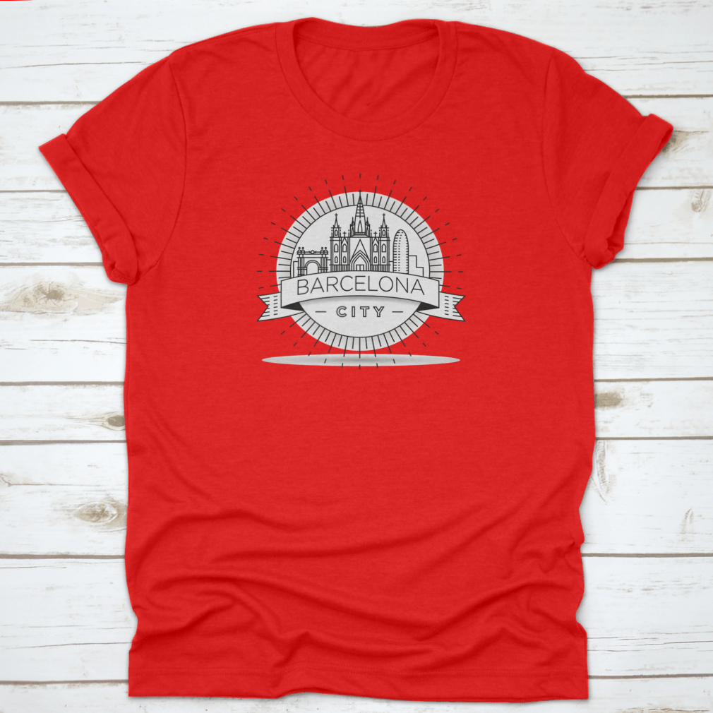 Minimal Barcelona City Linear Skyline T-shirt featuring a stylish skyline design on a comfortable cotton fabric.