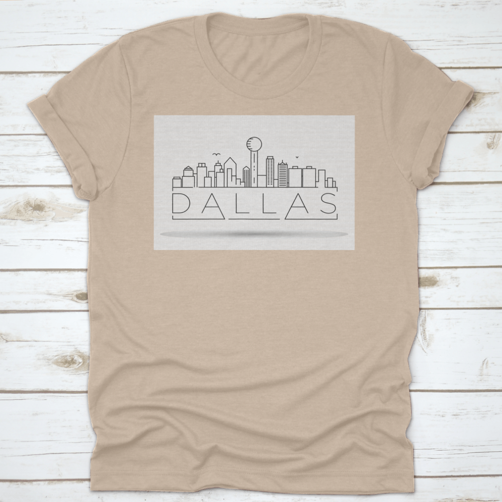 Minimal Dallas City Linear Skyline T-Shirt featuring a typographic design, made from 100% cotton for comfort and style.