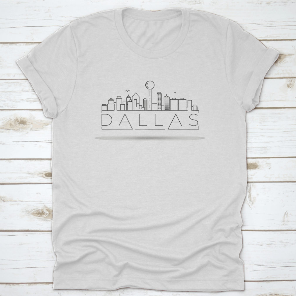 Minimal Dallas City Linear Skyline T-Shirt featuring a typographic design, made from 100% cotton for comfort and style.