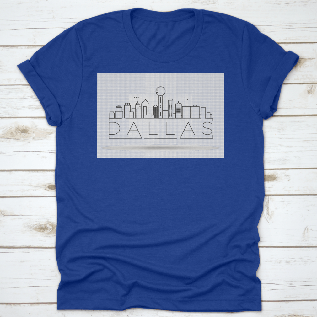 Minimal Dallas City Linear Skyline T-Shirt featuring a typographic design, made from 100% cotton for comfort and style.