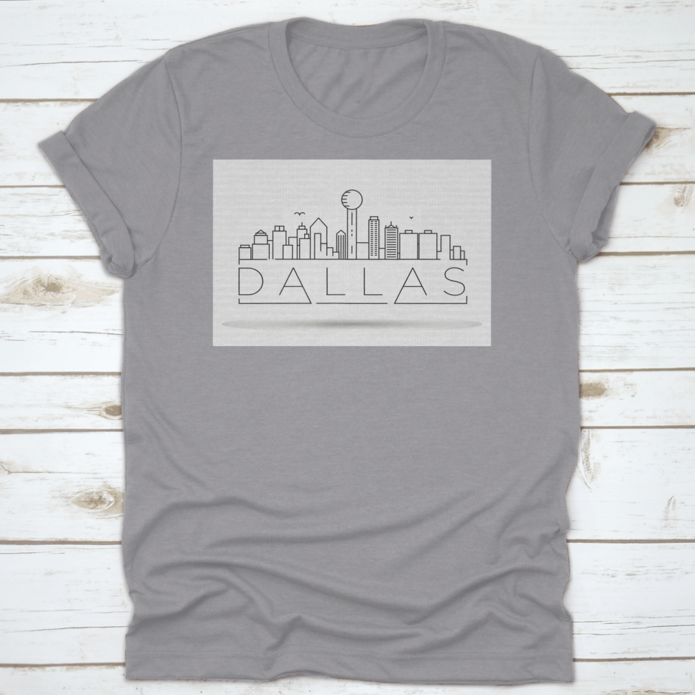 Minimal Dallas City Linear Skyline T-Shirt featuring a typographic design, made from 100% cotton for comfort and style.