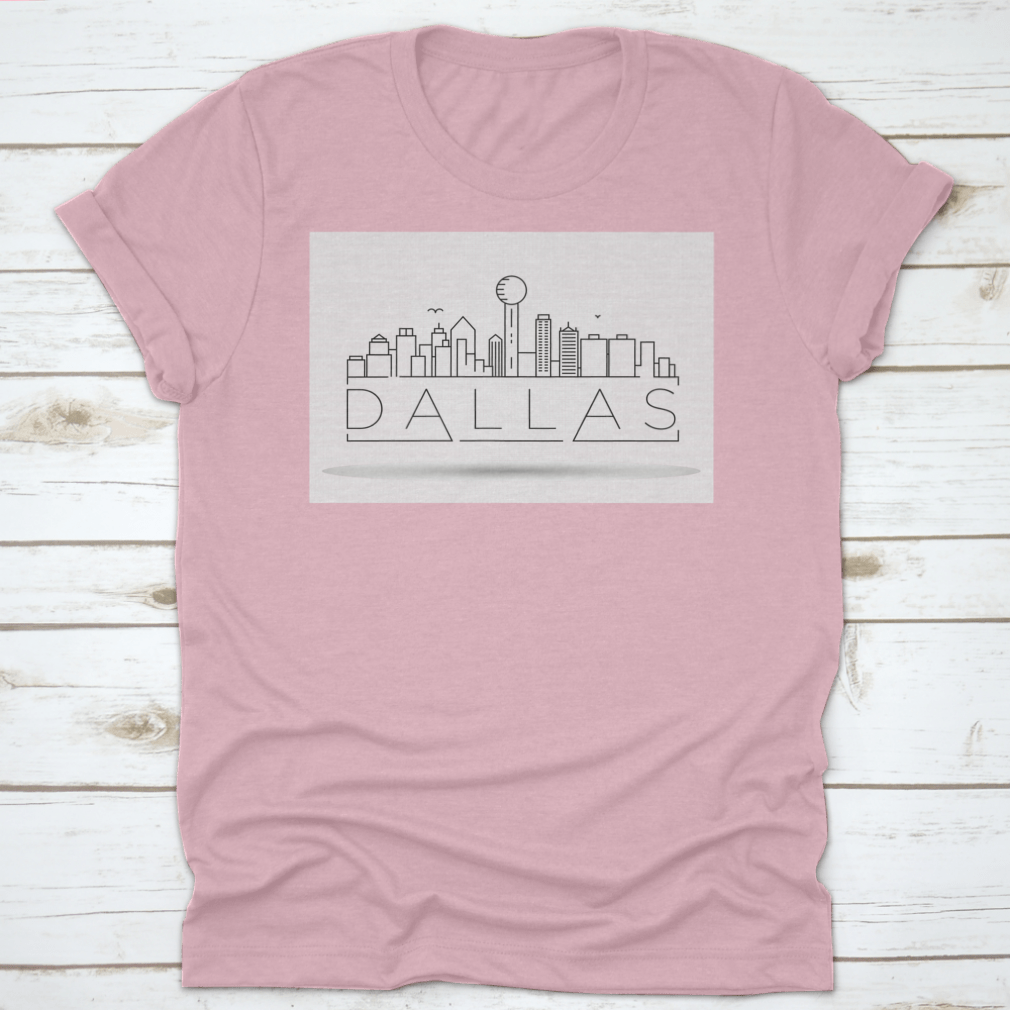 Minimal Dallas City Linear Skyline T-Shirt featuring a typographic design, made from 100% cotton for comfort and style.