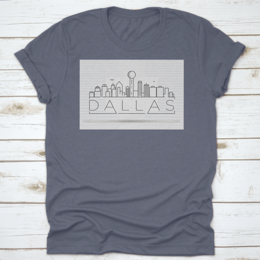 Minimal Dallas City Linear Skyline T-Shirt featuring a typographic design, made from 100% cotton for comfort and style.