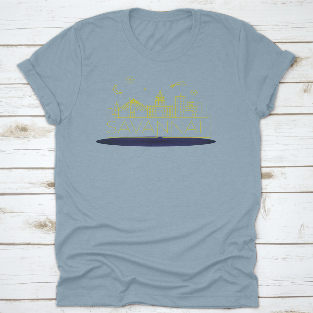 A stylish t-shirt featuring a minimal linear skyline of Savannah in a vibrant yellow outline, showcasing the city's iconic architecture.