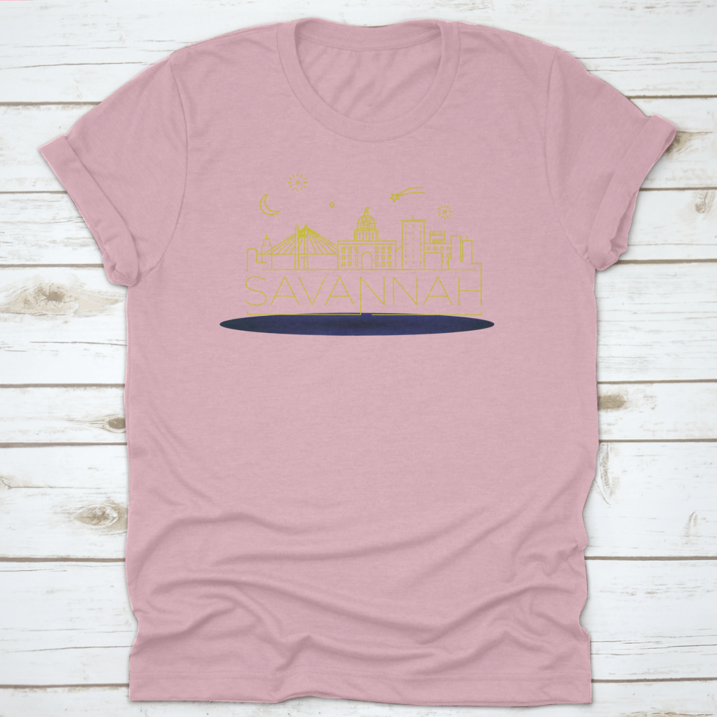 A stylish t-shirt featuring a minimal linear skyline of Savannah in a vibrant yellow outline, showcasing the city's iconic architecture.