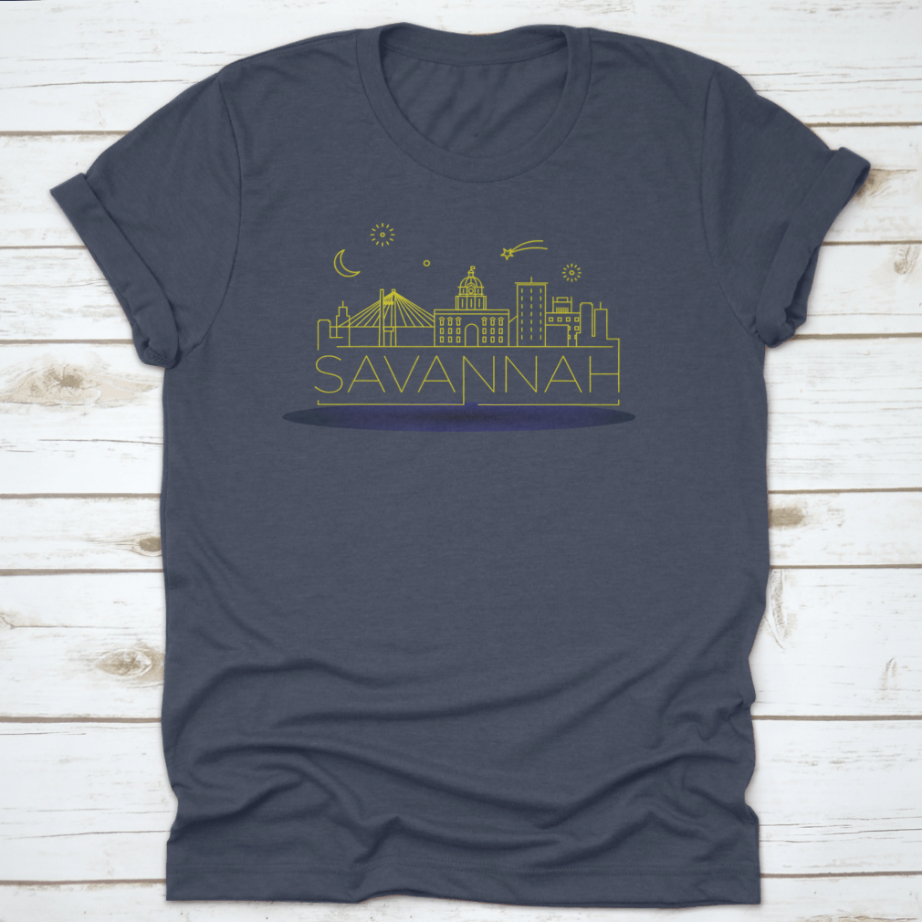 A stylish t-shirt featuring a minimal linear skyline of Savannah in a vibrant yellow outline, showcasing the city's iconic architecture.