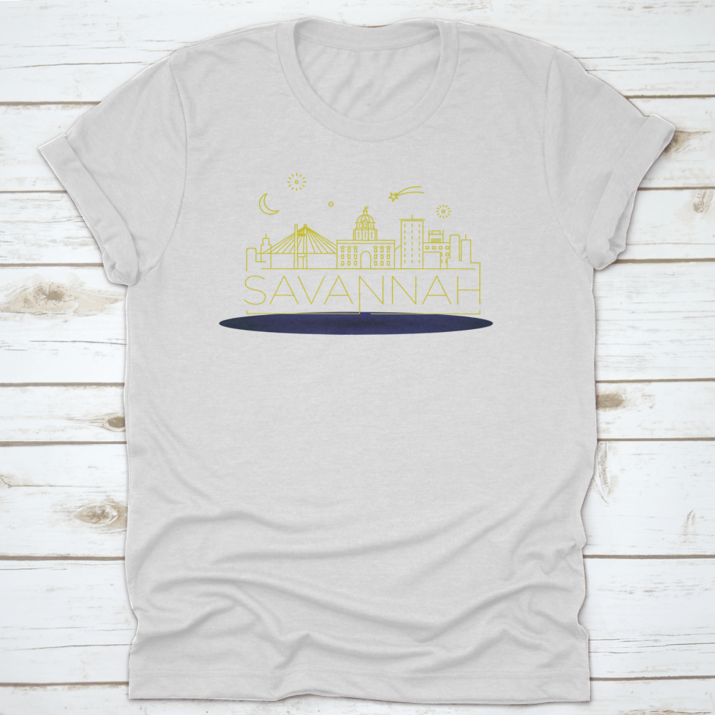 A stylish t-shirt featuring a minimal linear skyline of Savannah in a vibrant yellow outline, showcasing the city's iconic architecture.