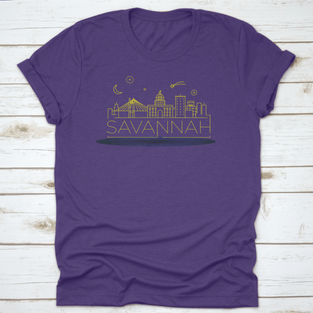 A stylish t-shirt featuring a minimal linear skyline of Savannah in a vibrant yellow outline, showcasing the city's iconic architecture.