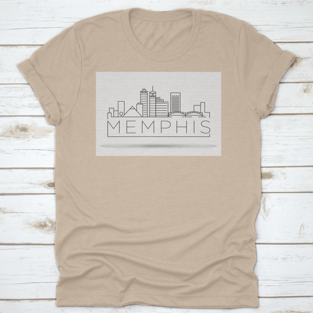 Minimal Memphis Linear City Skyline T-shirt featuring a typographic design on a soft cotton fabric.