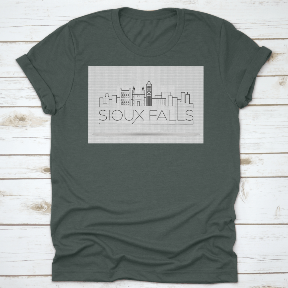 Minimal Sioux Falls Linear City Skyline design on a comfortable cotton shirt, showcasing urban art.