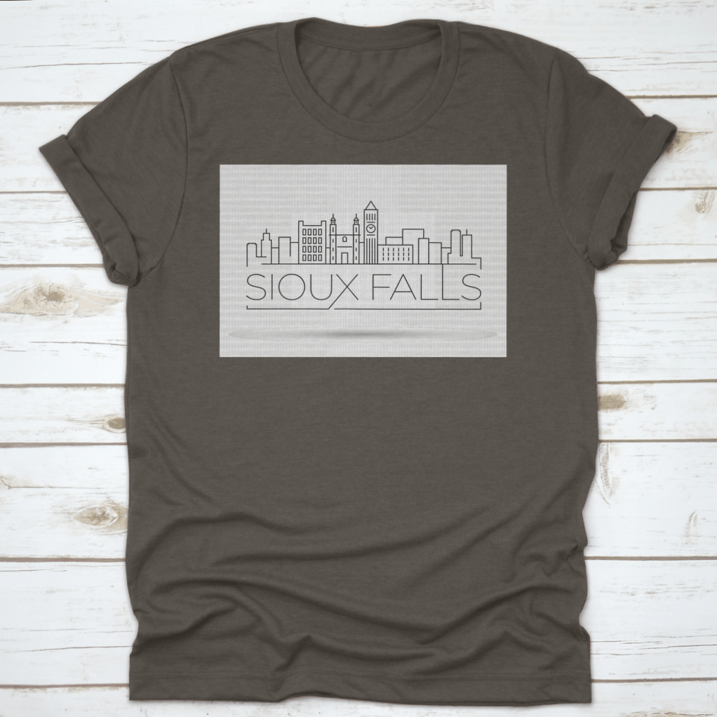 Minimal Sioux Falls Linear City Skyline design on a comfortable cotton shirt, showcasing urban art.