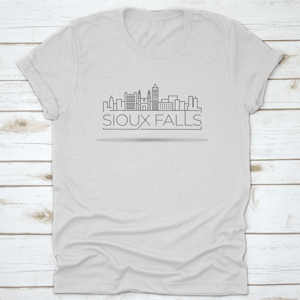 Minimal Sioux Falls Linear City Skyline design on a comfortable cotton shirt, showcasing urban art.