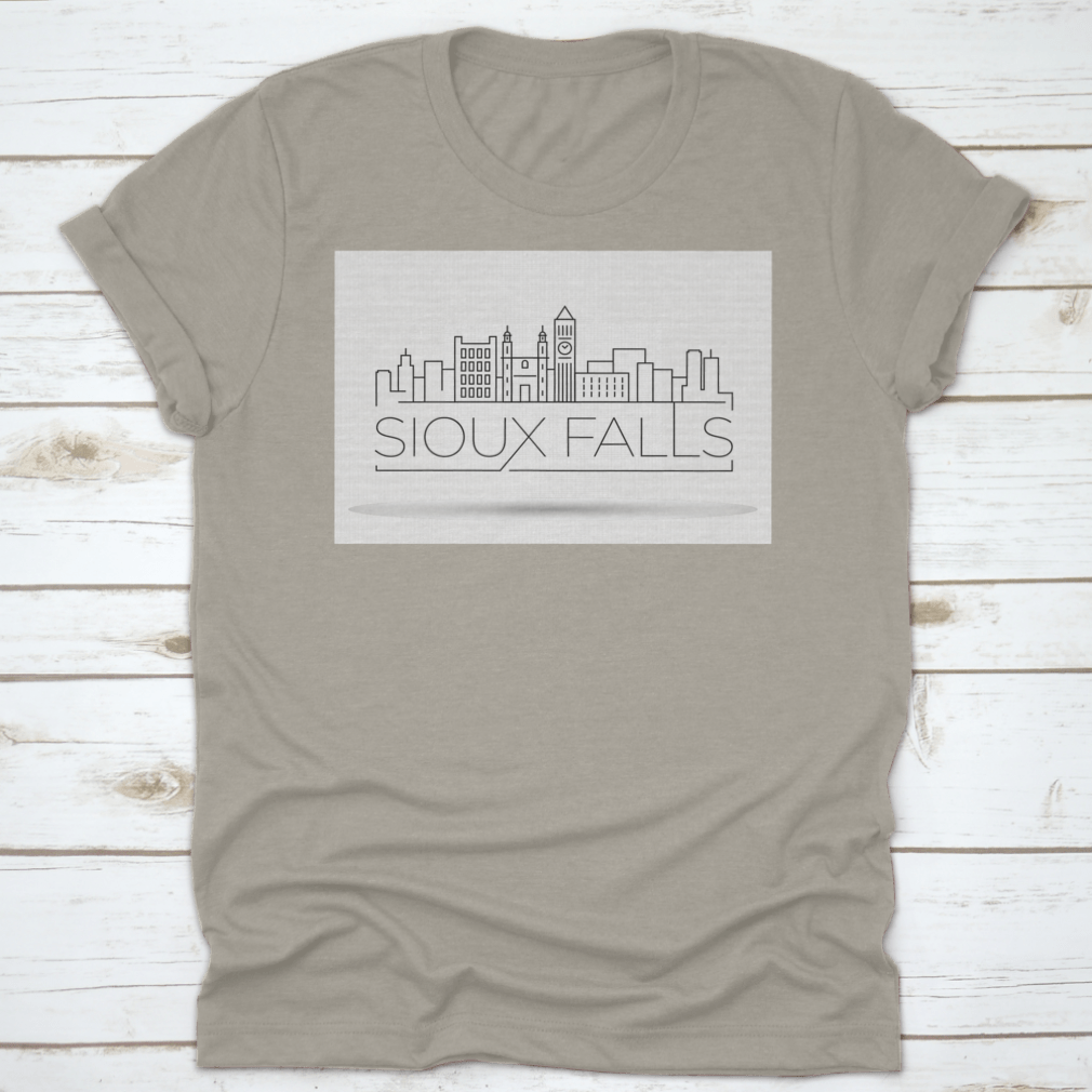 Minimal Sioux Falls Linear City Skyline design on a comfortable cotton shirt, showcasing urban art.