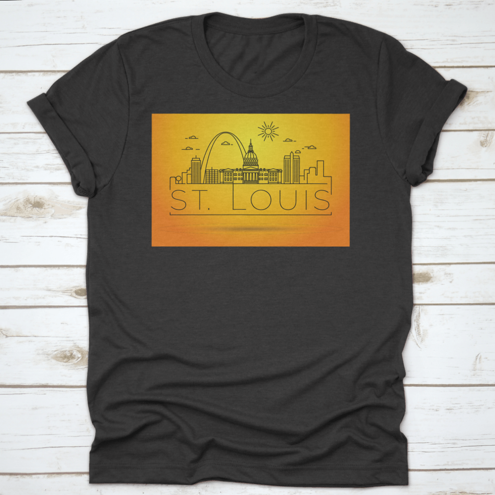 Minimal St. Louis City Skyline Shirt featuring a typographic design, made from soft cotton fabric, showcasing the iconic skyline.