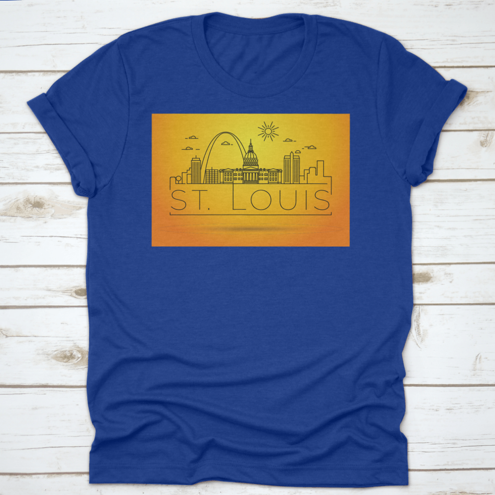 Minimal St. Louis City Skyline Shirt featuring a typographic design, made from soft cotton fabric, showcasing the iconic skyline.