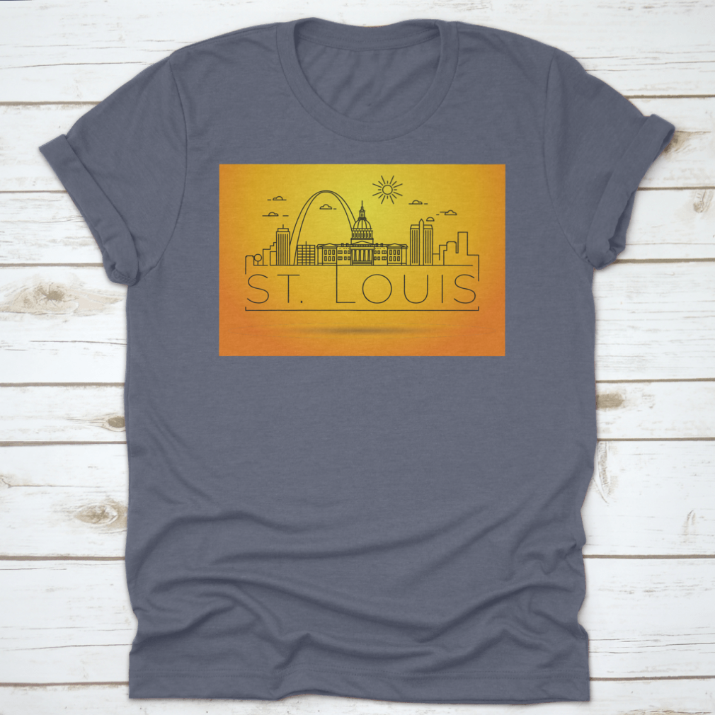 Minimal St. Louis City Skyline Shirt featuring a typographic design, made from soft cotton fabric, showcasing the iconic skyline.