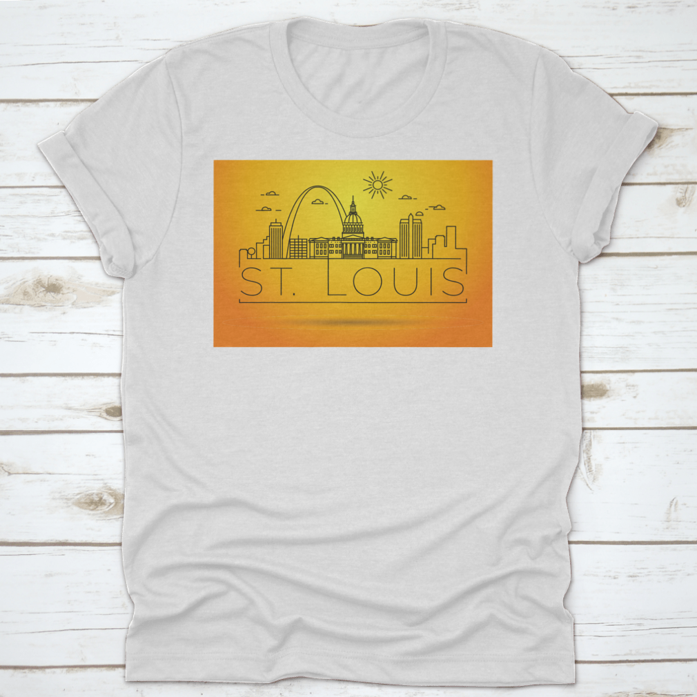 Minimal St. Louis City Skyline Shirt featuring a typographic design, made from soft cotton fabric, showcasing the iconic skyline.