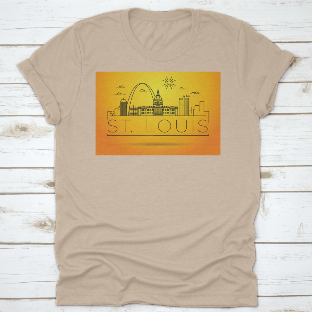 Minimal St. Louis City Skyline Shirt featuring a typographic design, made from soft cotton fabric, showcasing the iconic skyline.