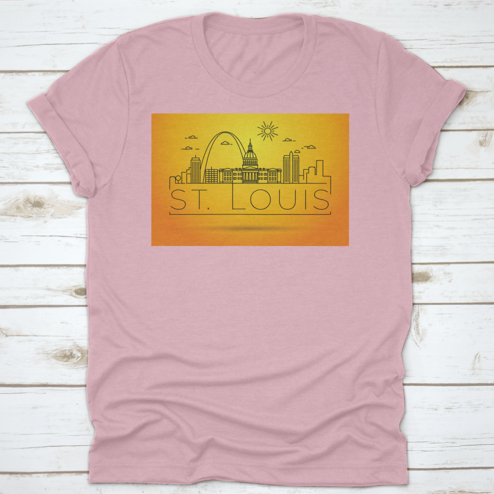 Minimal St. Louis City Skyline Shirt featuring a typographic design, made from soft cotton fabric, showcasing the iconic skyline.