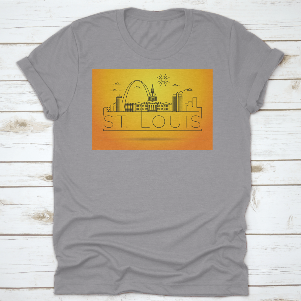 Minimal St. Louis City Skyline Shirt featuring a typographic design, made from soft cotton fabric, showcasing the iconic skyline.