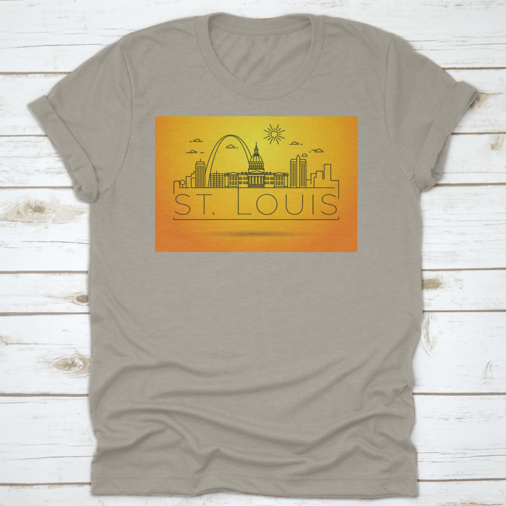 Minimal St. Louis City Skyline Shirt featuring a typographic design, made from soft cotton fabric, showcasing the iconic skyline.