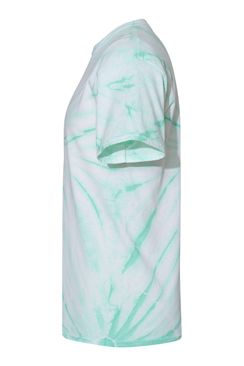 Mint tie dye t-shirt displayed on a neutral background, showcasing its vibrant colors and unisex design.