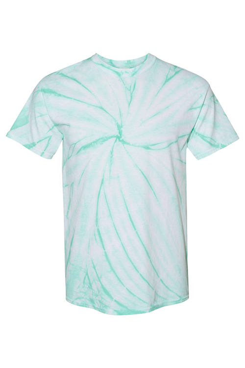 Mint tie dye t-shirt displayed on a neutral background, showcasing its vibrant colors and unisex design.