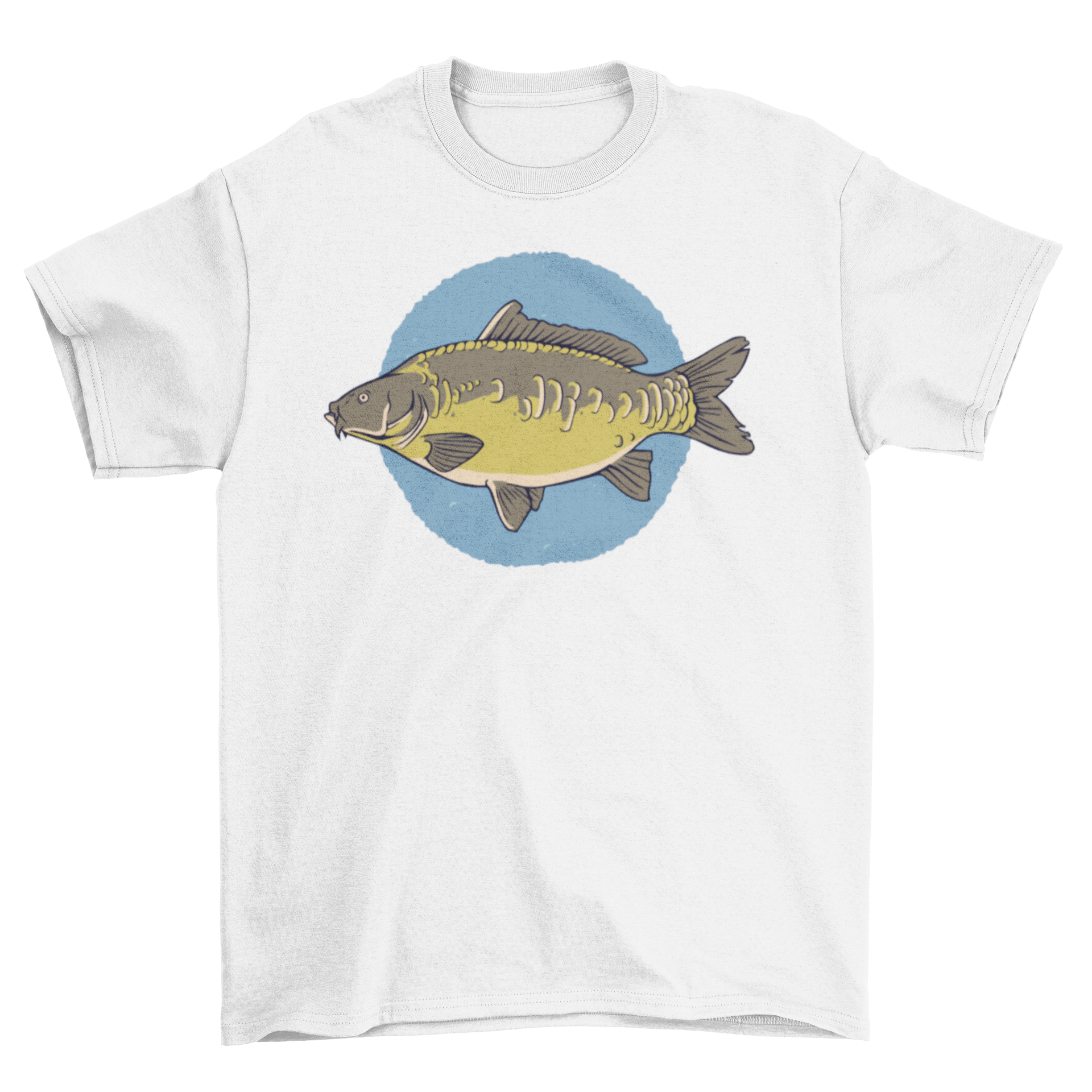 A stylish T-shirt featuring a detailed illustration of a mirror carp, showcasing its unique scales and colors.