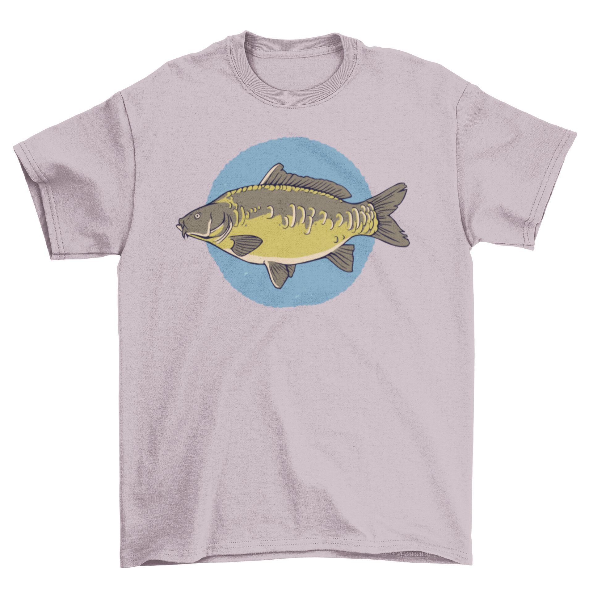 A stylish T-shirt featuring a detailed illustration of a mirror carp, showcasing its unique scales and colors.