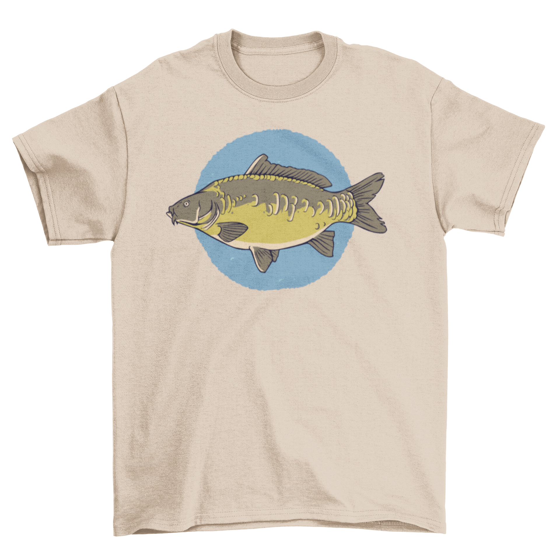 A stylish T-shirt featuring a detailed illustration of a mirror carp, showcasing its unique scales and colors.