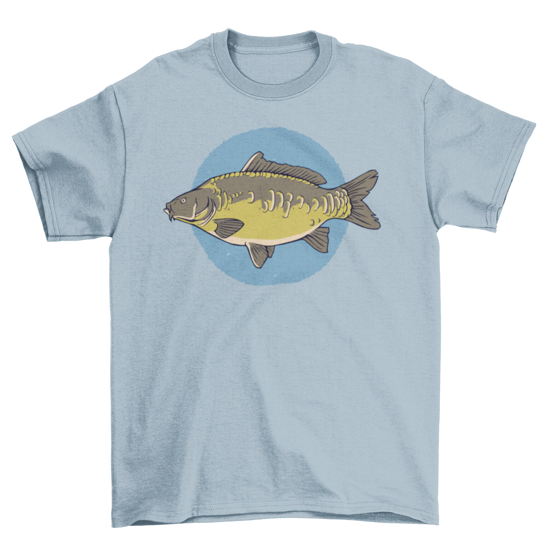 A stylish T-shirt featuring a detailed illustration of a mirror carp, showcasing its unique scales and colors.