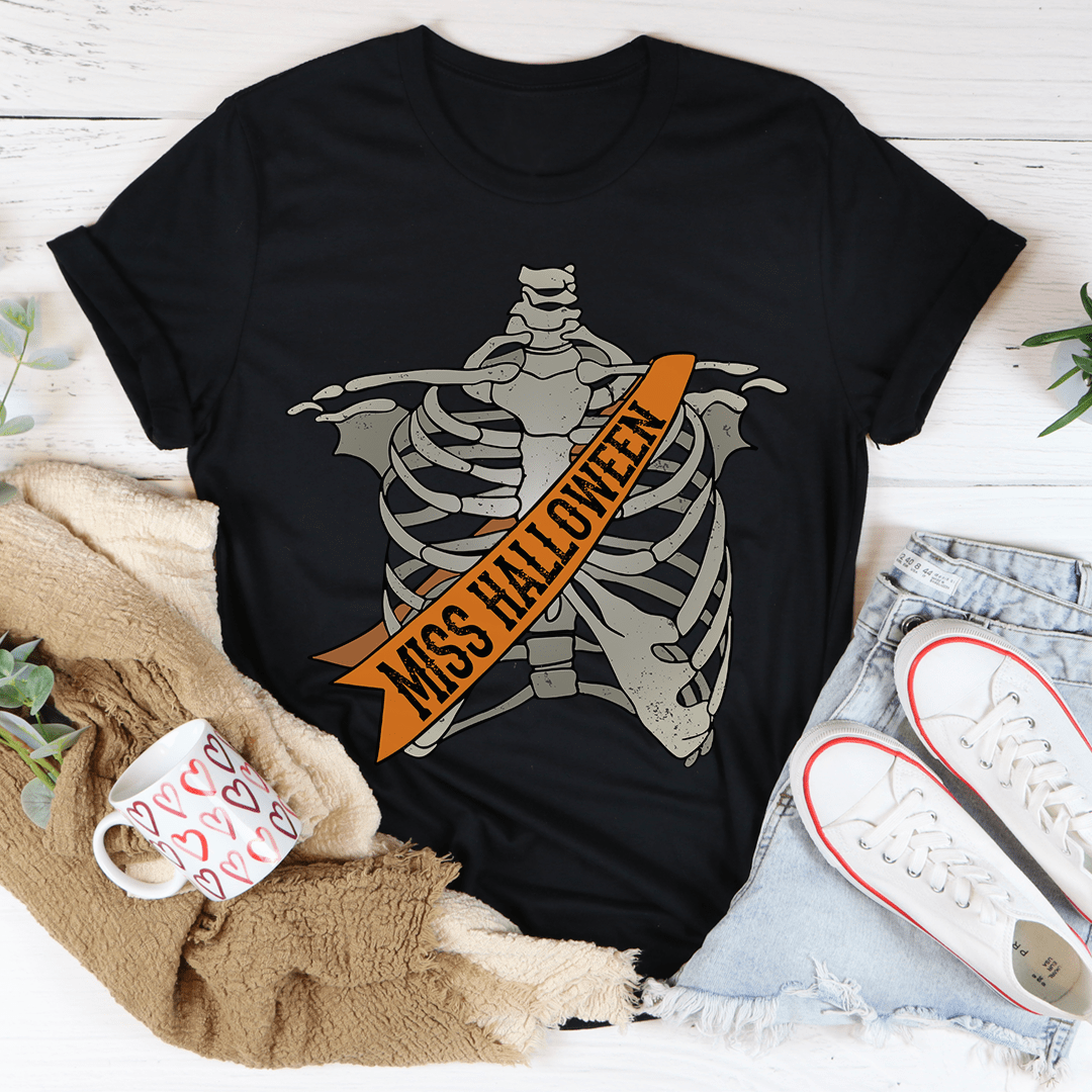 Miss Halloween T-Shirt featuring vibrant Halloween-themed design, made from soft ring-spun cotton with double stitching for durability.