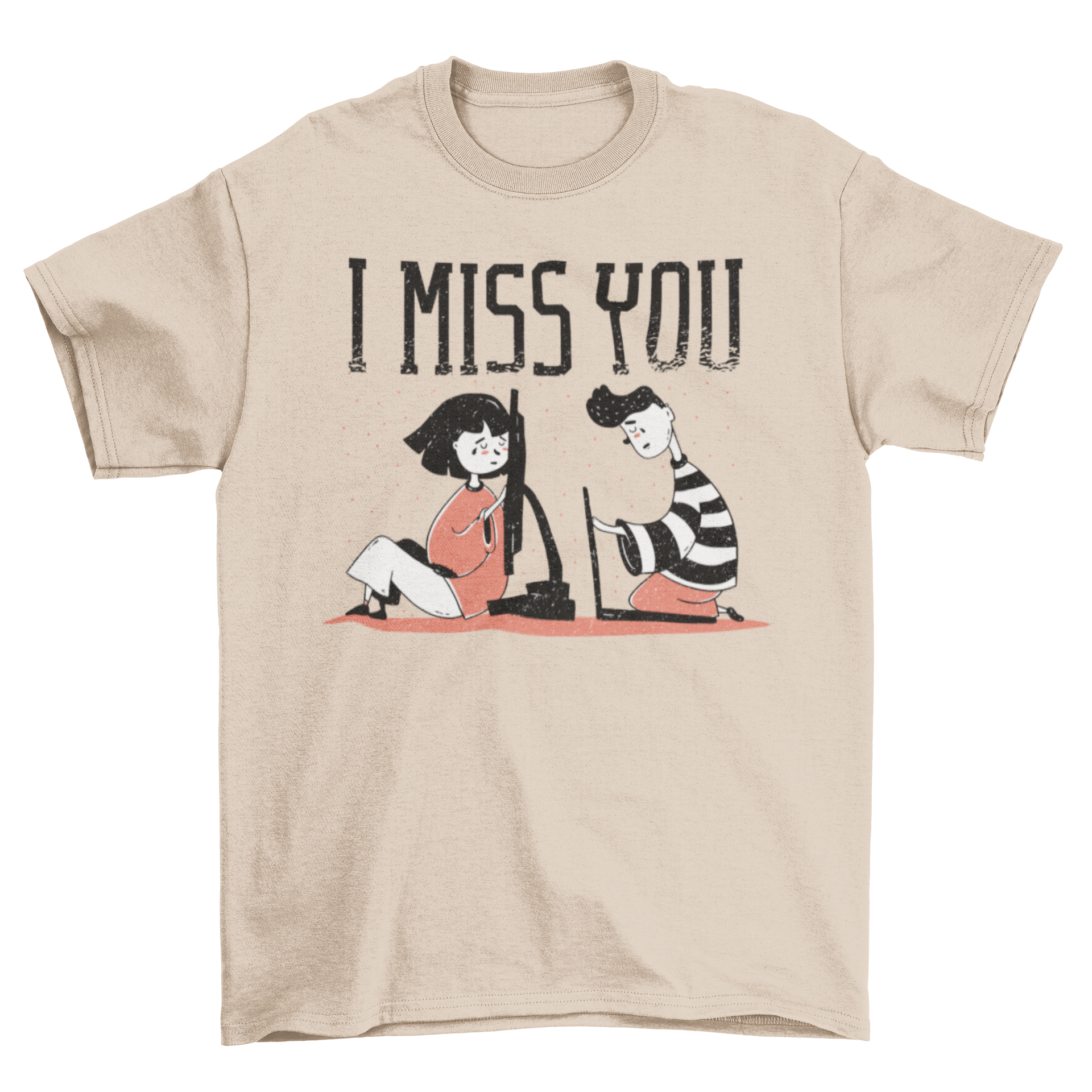 Miss You T-Shirt featuring two characters with laptops and the text 'I miss you', symbolizing long-distance love.