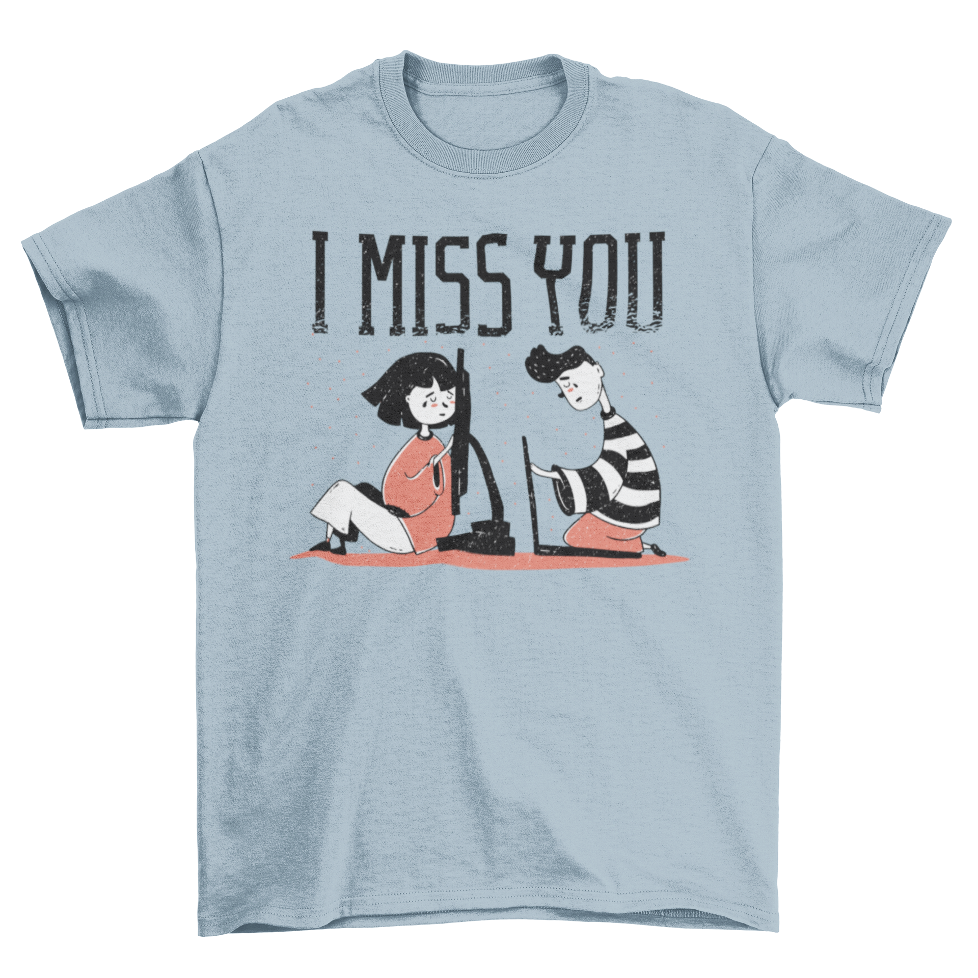 Miss You T-Shirt featuring two characters with laptops and the text 'I miss you', symbolizing long-distance love.