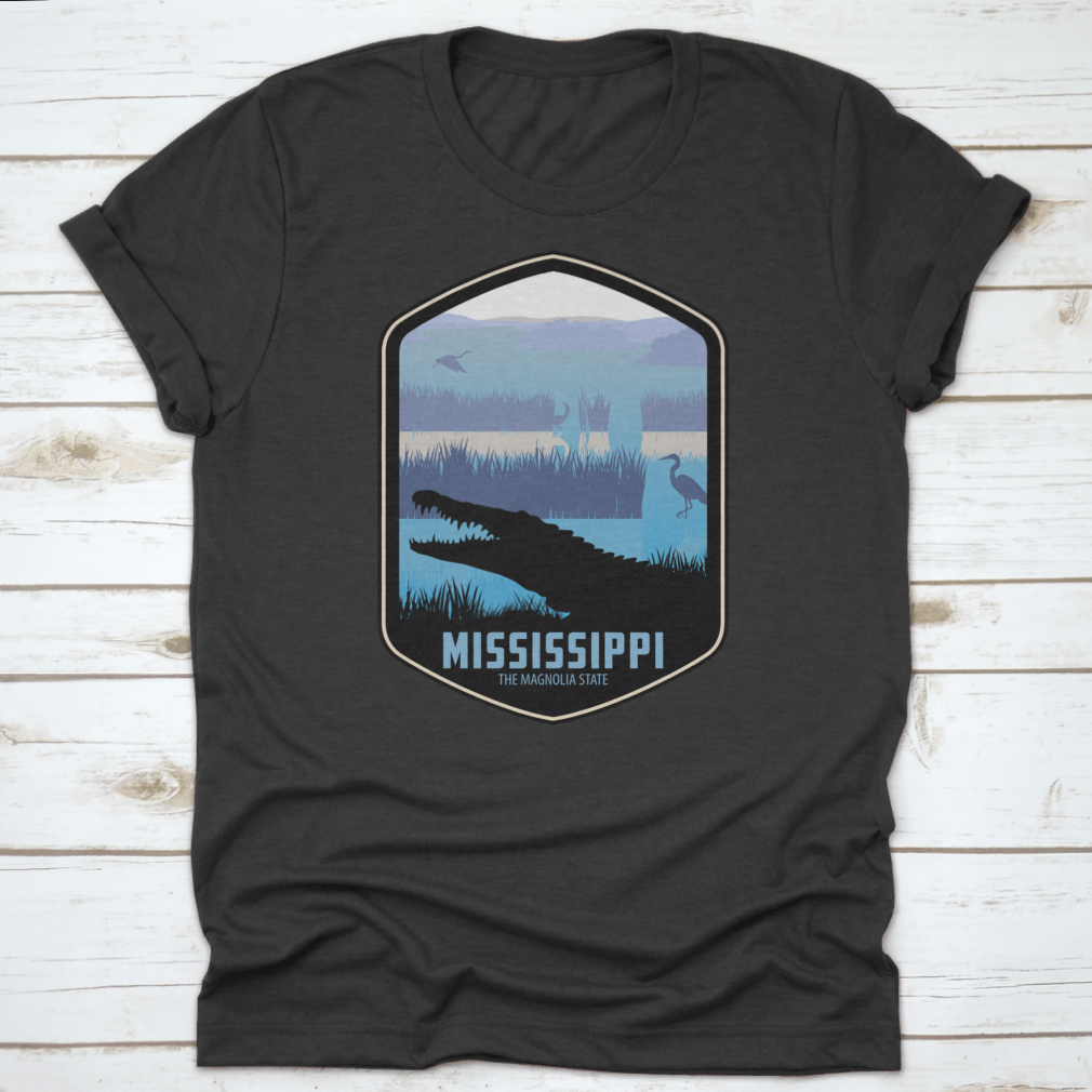 Mississippi The Magnolia State T-shirt featuring simple typography and wetlands design, made from 100% cotton for comfort.