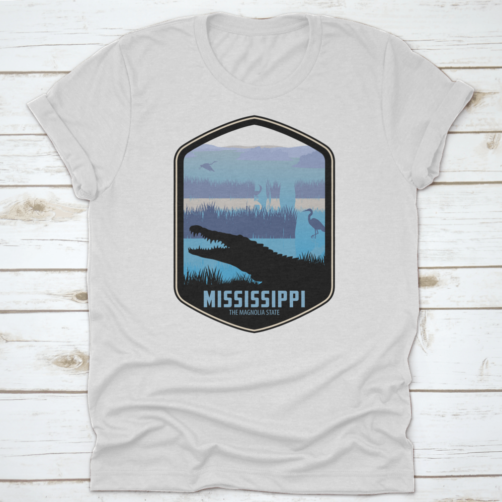 Mississippi The Magnolia State T-shirt featuring simple typography and wetlands design, made from 100% cotton for comfort.