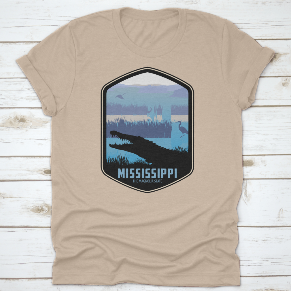 Mississippi The Magnolia State T-shirt featuring simple typography and wetlands design, made from 100% cotton for comfort.